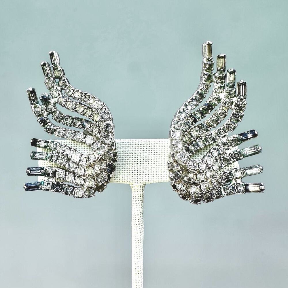 Hattie Carnegie Climber Earrings Clip-on Silver Tone Clear Rhinestone Wings 2”